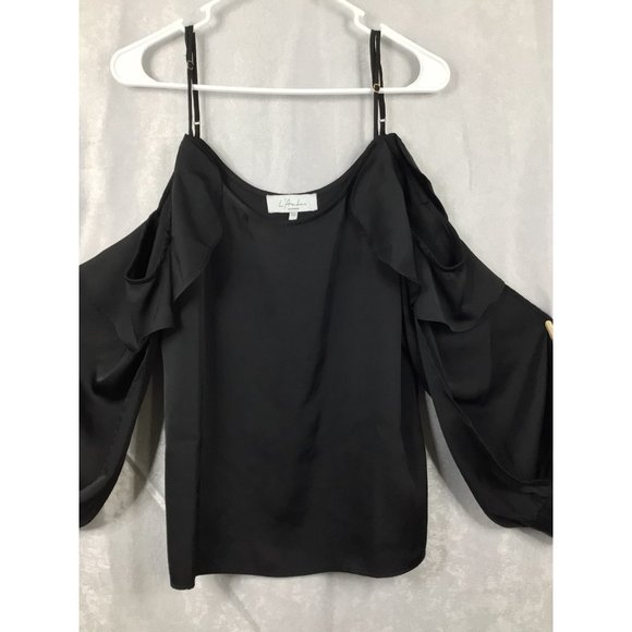 L`Academie Adjustable Spaghetti Strap Cold Shoulder Long Sleeve Blouse Black Siz - Picture 8 of 12
